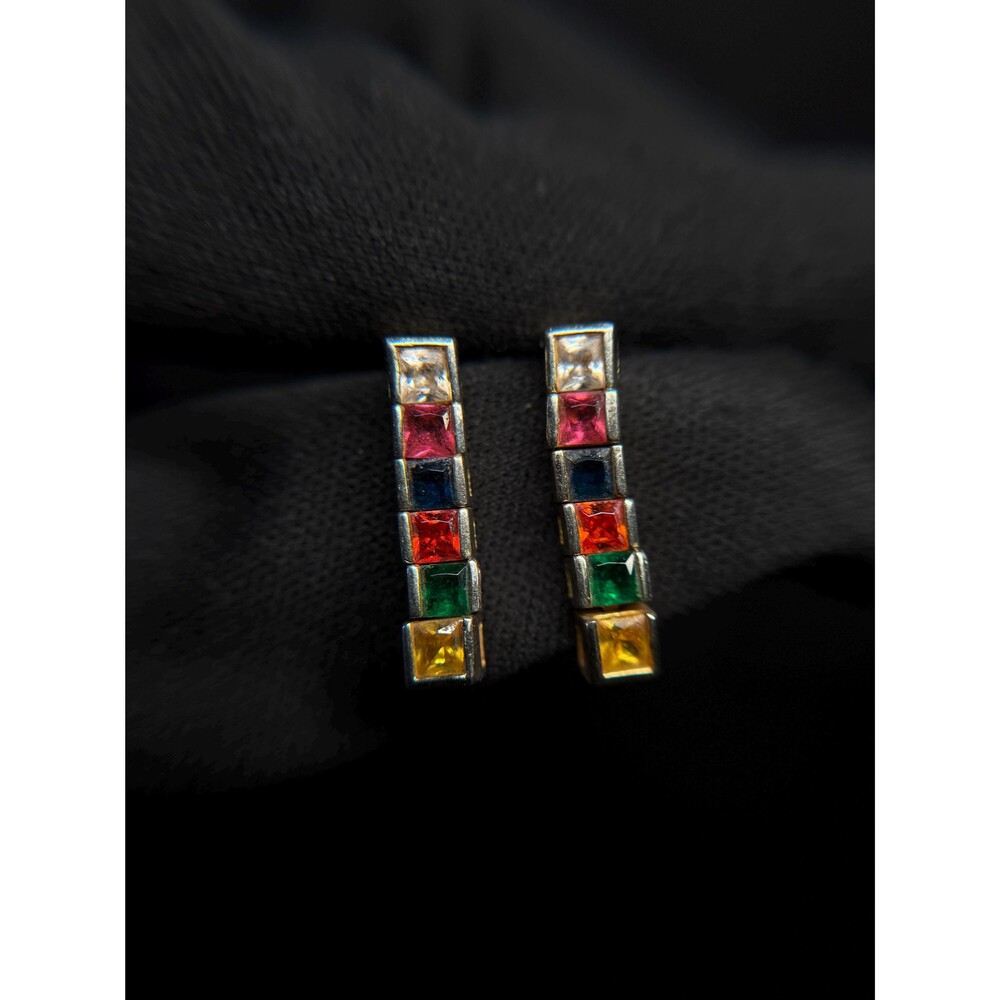 925 Sterling Silver Gold Tone Multicolor CZ Bar Earrings